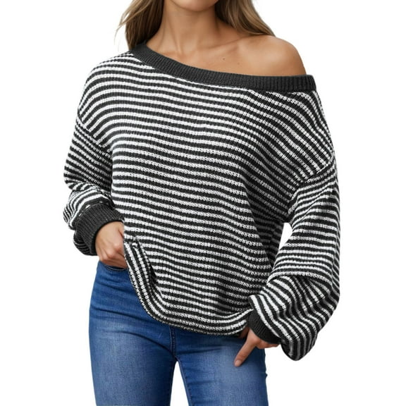 oqasdz Womens Sweater Oversized Striped Off Shoulder Knit Crewneck Long Sleeve Tunic Pullover Sweater Fall Winter Casual Loose Fit