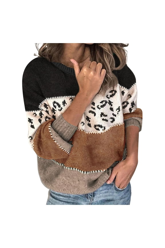 Womens Sweater Plus Size Personality Leopard Print Patchwork Knitted Pullover Fashion Fall Winter Casual Versatile