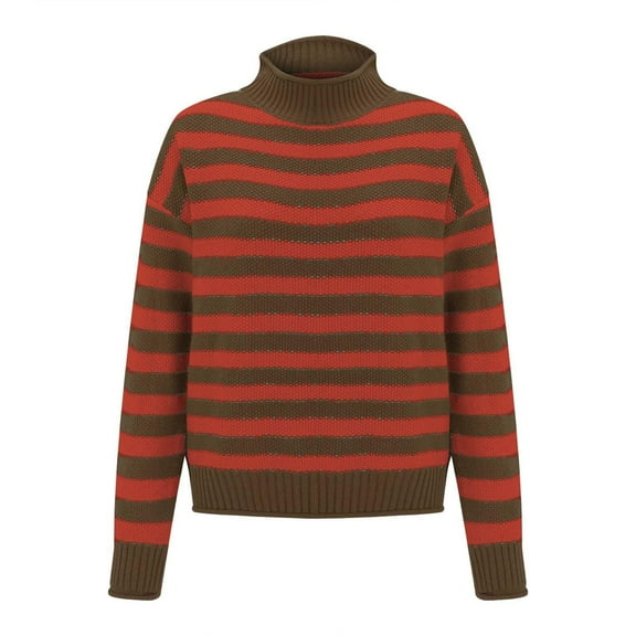 oqasdz Womens Sweater Retro Striped Contrast Half Turtleneck Sweater Orange and White Knitted Casual Bottoming Sweaters Casual Cozy Soft