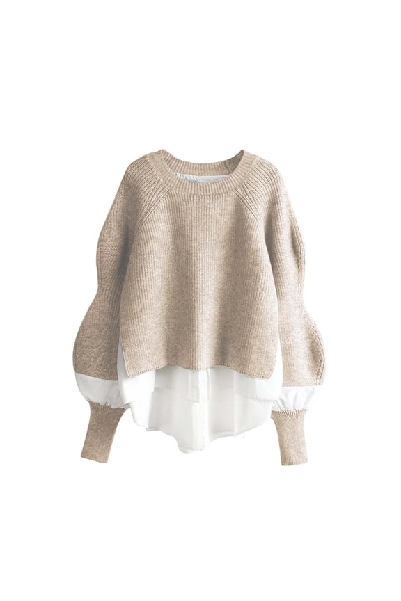 Womens Sweater Shirt Patchwork Pullover Sweater Fashion Sleeve Two Piece Stylish and Knitwear Casual Relaxed Fit