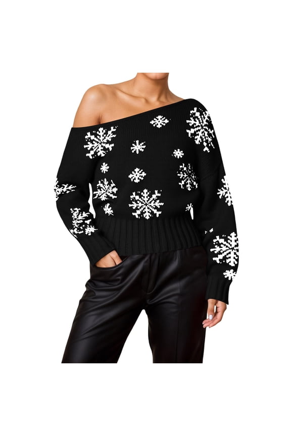 Womens Sweater Snowflake Pullover Sweater with Off Shoulder Design for Festive Holiday Fashion Outwear Casual Versatile