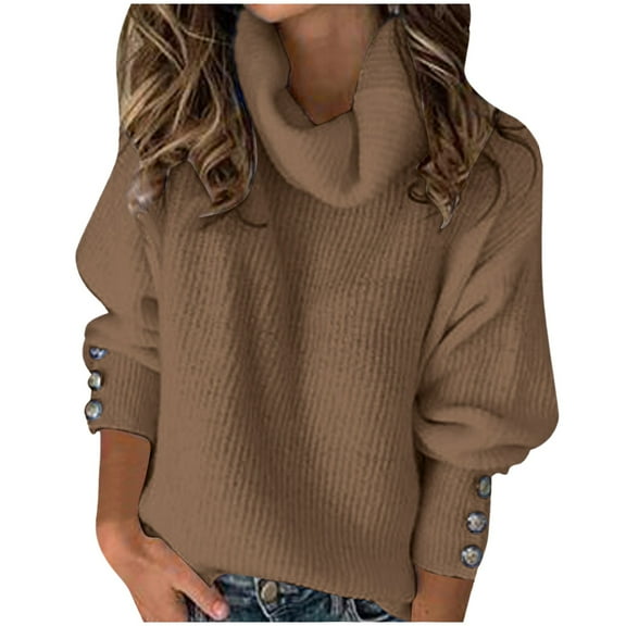 oqasdz Womens Sweater Turtleneck Long Button Sleeve Knitwear Fall and Winter Warm Fashion Trade Outdoor Streetwear Casual Cozy Soft