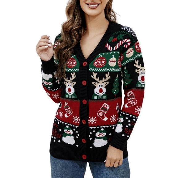 oqasdz Womens Sweater V Neck Jacquard Christmas Day Snowman and Deer Winter Long Sleeve Single Knitted Cardigan Sweater Casual Loose Fit