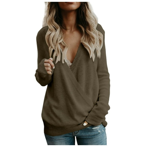 oqasdz Womens Sweaters Deep V Neck Wrap Sweaters Long Sleeve Front Knitted Pullover Fall Winter Tops Outdoor Fashion Casual Comfort Soft