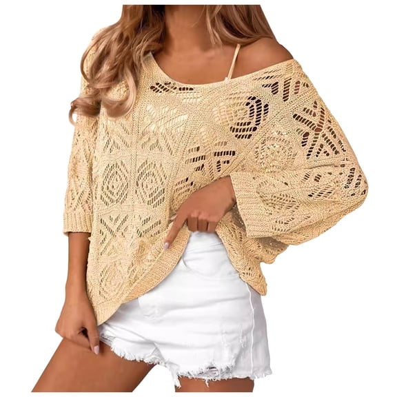 oqasdz Womens Sweaters Off Shoulder Tops 3/4 Sleeve Crochet Sweaters Lightweight Oversized Knit Tops Outwear Casual Comfort Soft