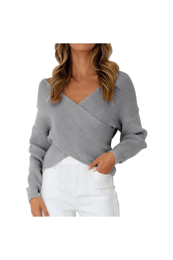 Womens Sweaters V Neck Long Sleeve Sweater Wrap Front Off Shoulder Irregular Hem Knitted Short Solid Color Pullover Casual Versatile