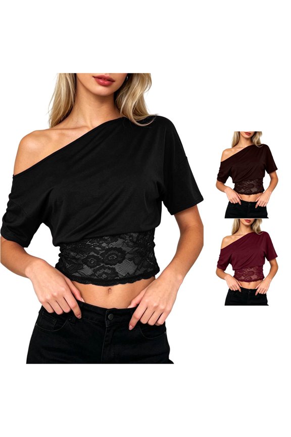 Womens T Shirts Off Shoulder Short Sleeve Lace Waist Patchwork Slim Fitted Crop Top Solid Color Fashion Layering Shirt Tshirts,Black,L
