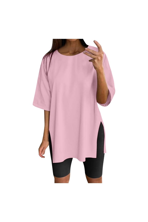 Womens T Shirts Oversize Sports Short Sleeve Blouses Loose Functional Shirt Tunic Tops with Slits Vacation Clothes