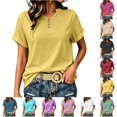 thumbnail image 1 of oqasdz Womens T Shirts Solid Color V Neck Button Detail Top Stylish Casual Blouse Short Sleeve Crewneck Soft Everyday Wear Tshirts,Light Yellow,2XL, 1 of 4