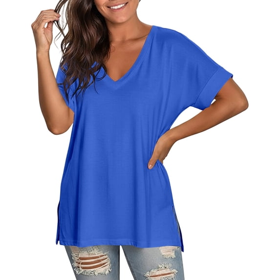 oqasdz Womens T Shirts V Neck Short Sleeve Solid Color Side Slit Loose Soft Breathable Tee Top for Daily Homewear Casual Outdoor T-Shirt