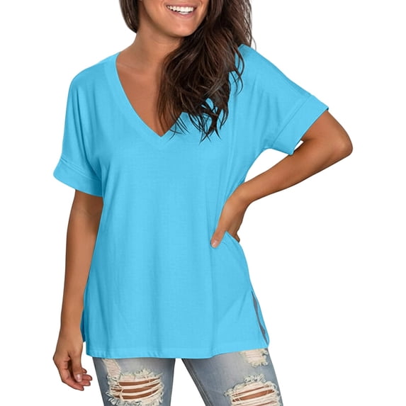 oqasdz Womens T Shirts V Neck Short Sleeve Solid Color Side Slit Loose Soft Breathable Tee Top for Daily Homewear Summer Outdoor Tshirt