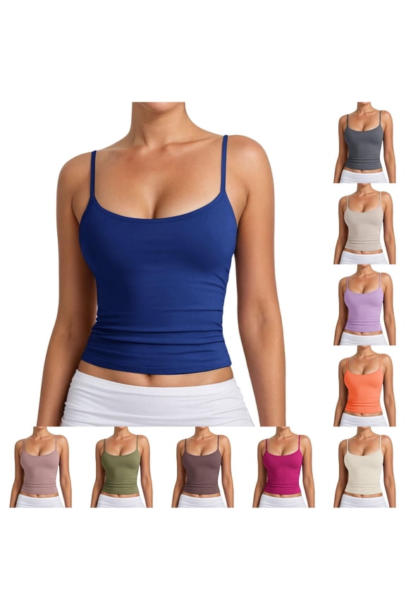 Womens Tank Tops Adjustable Spaghetti Straps Camisole Top Ribbed Knit Sleeveless Layering Solid Color Cropped Top Casual Summer,Blue,L