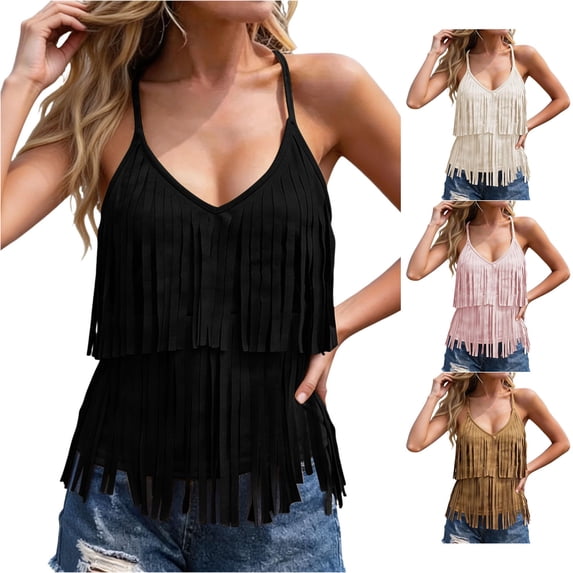 oqasdz Womens Tank Tops Boho Style Fringe Solid Color Sleeveless Cowboy Style Camisole Top for Festival Trendy Vacation Outfit Summer Outdoor,Black,S