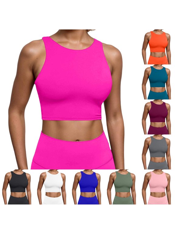 Womens Tank Tops with Built in Bra Racerback Stretch Sleeveless Tank Vest Stretch Fit Sports Open Back Yoga Cropped Top Casual Outdoor,Hot Pink,L