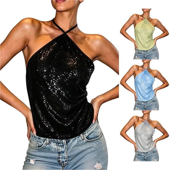 oqasdz Womens Tank Tops Halter Neck Sleeveless Criss Cross Strappy Sparkly Camisole Top for Ladies Beach Vacation Outfit Casual Outdoor,Black,L