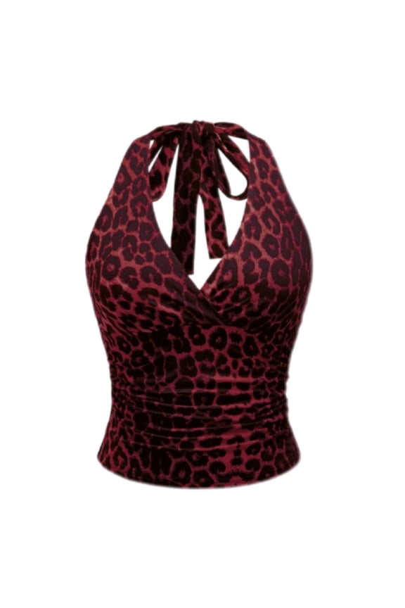 Womens Tank Tops Leopard Print Backless Halter Neck Camisole Top Strappy Sleeveless Party Evening Trendy Fashion Clothing Casual Summer,Red,XS