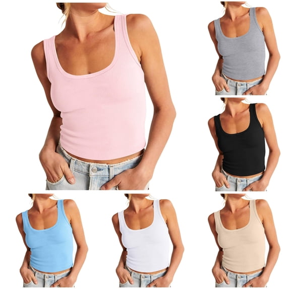 oqasdz Womens Tank Tops Square Neck Sleeveless Knit Ribbed Cropped Top Slim Fit Solid Color Layering Undershirts for Daily Wear Casual Summer,Pink,XL