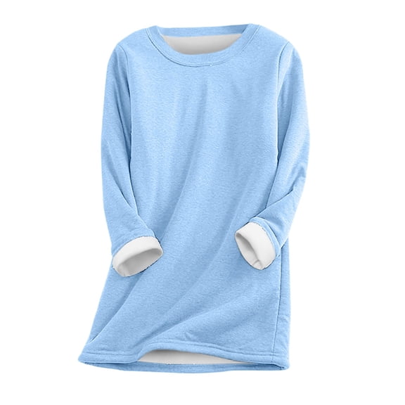 oqasdz Womens Thermal Underwear Fashion Solid Color Crew Neck Plus Size Long Sleeve Versatile Comfortable Warm Pullover Top Casual School Outwear