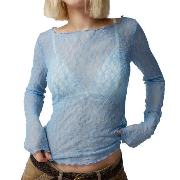 oqasdz Womens Thermal Underwear Lace Long Sleeve Top Sheer Mesh Cropped Top Floral Slim Fit Off Shoulder Top T Shirt Fashion Street Daily Wear