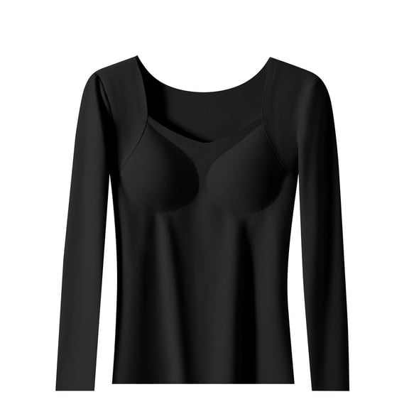 oqasdz Womens Thermal Underwear Seamless Velvet with Built In Bra Pad and Self Heating Solid Color Warm Long Sleeve Spring Fall Versatile Dailywear