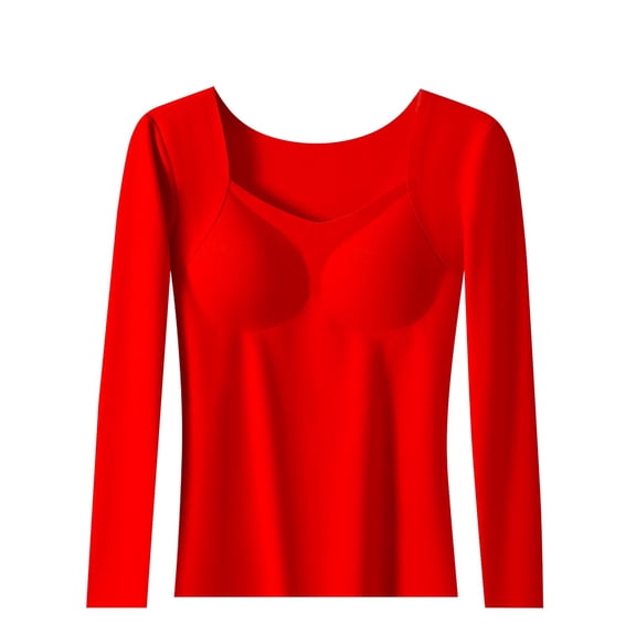 oqasdz Womens Thermal Underwear Seamless Velvet with Built In Bra Pad and Self Heating Solid Color Warm Long Sleeve Spring Fall Versatile Dailywear