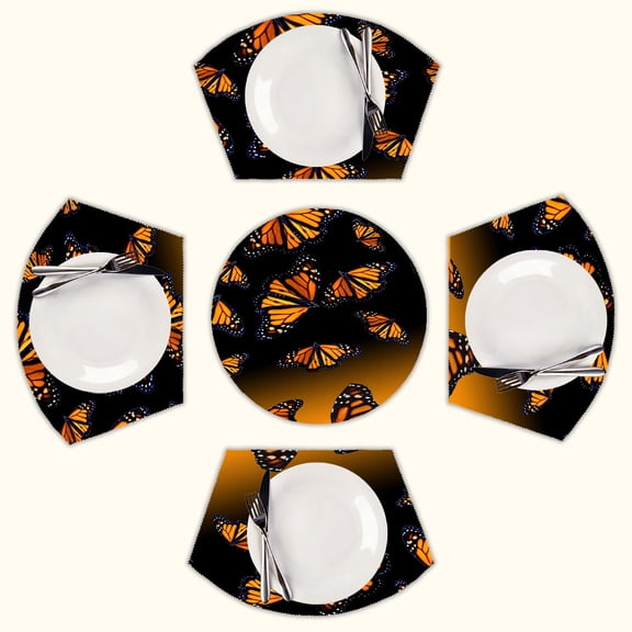 orange monarch butterflys Round Table Placemats Set Of 5 Wedge Table Mats Washable Heat Resistant Place Mat For Dining Table Kitchen Farmhouse Restaurant