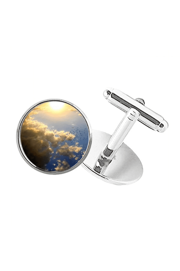orange sunshine blue clouds round button cuff clip stud cufflinks