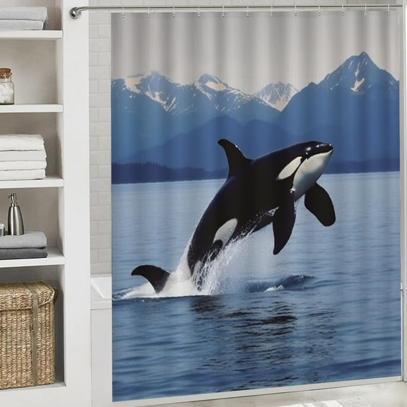 orca, snow capped mountains, wildlife photography Bathroom shower curtain waterproof shower curtain Cloth Fabric Bathroom Decor Set with Hooks