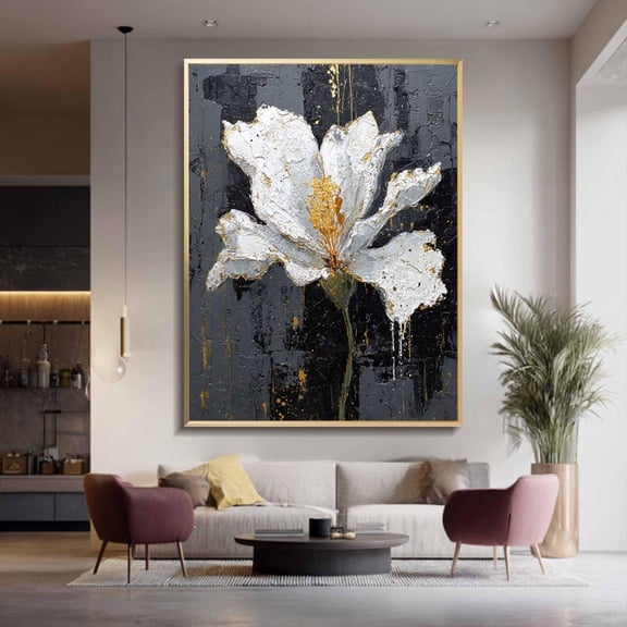 original flower black & white texture wall art abstract floral art gold impasto texture on modern wall decor Poster Decor, Unframed Poster Size 8x12 F03.1.22l787
