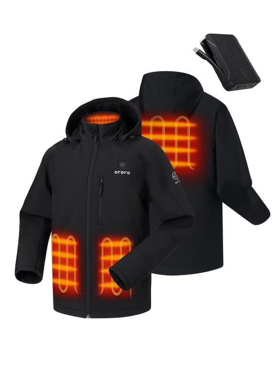 Men's 4-Zone Heated Jacket with High-Capacity Battery and Heated Collar, Up to 13.5 Hours, Detachable Hood, Ideal for Hiking, Skiing & Camping (Black, M)