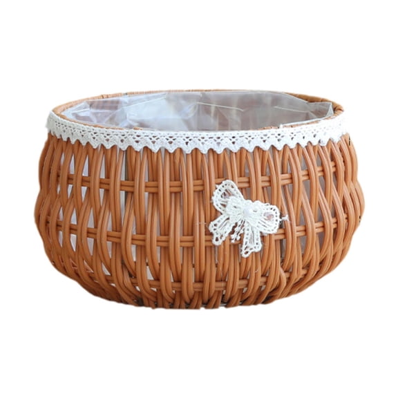oshhni Flower Basket Plant Container Imitation Rattan Round Trash Can Multipurpose for Kitchenware with Liner Storage Basket Khaki S