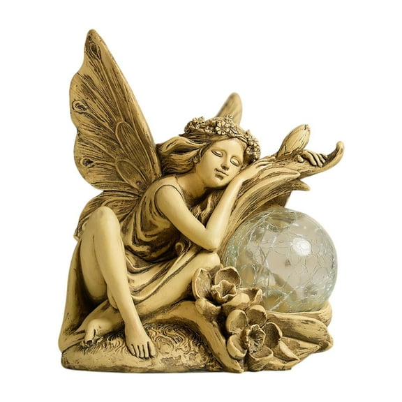 oshhni Garden Solar Statue Light Lawn Ornament Yard Decor Collectible Resin Figure Elf Girl Sculpture Fairy Figurine for Lawn Porch Yellow