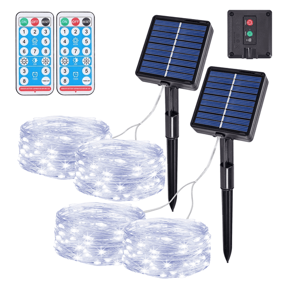 osteplus Solar Fairy Lights Outdoor, 2 Pack Total 66Ft 200LED, Cool White, Solar String Ligths with 8 Modes Remote, 2 Lines, Waterproof, Timer, for Indoor/Outdoor, Christmas, Party, Patio, Home Decor
