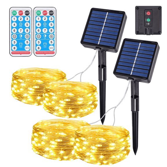 osteplus Solar Fairy Lights Outdoor, 2 Pack Total 66Ft 200LED, Warm White Solar String Ligths with 8 Modes Remote, 2 Lines, Waterproof, Timer, for Indoor/Outdoor, Christmas, Party, Garden, Home Decor