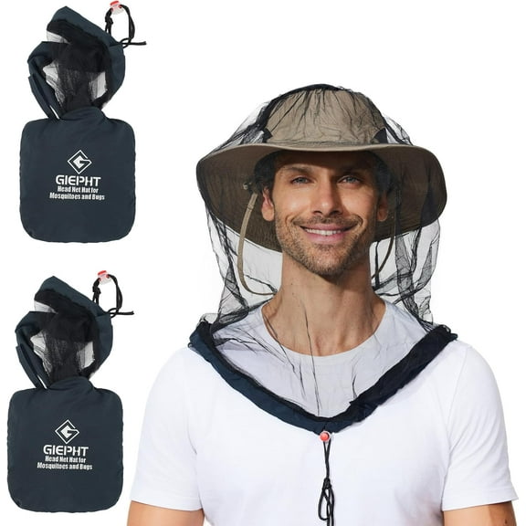 otnbgsr 2 Pack Mosquito Head Net Over Hat, Fine Mesh Bug Face Netting with Adjustable Drawstring for Hiking Fishing Camping Outdoor Insect Protection
