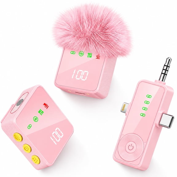 otnbgsr 2-Pack Pink Wireless Mini Microphones, 3-in-1 Receiver, DSP ENC Processing, 20-Hour Combined Runtime, 328 ft Range for Streaming Video