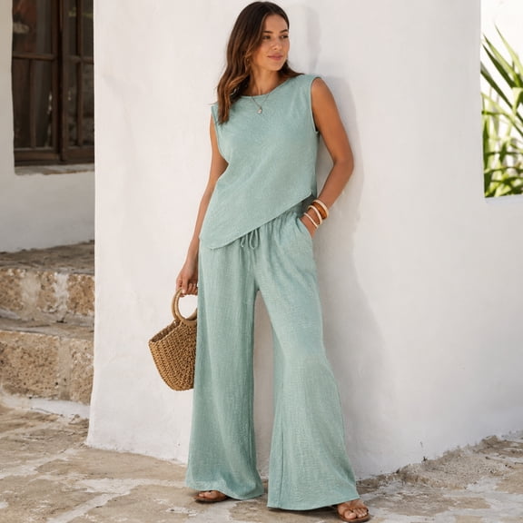otnbgsr Asymmetrical Tank and Wide-Leg Pants Set, 75% Cotton Blend with High Waist, Drawstring and 2 Pockets