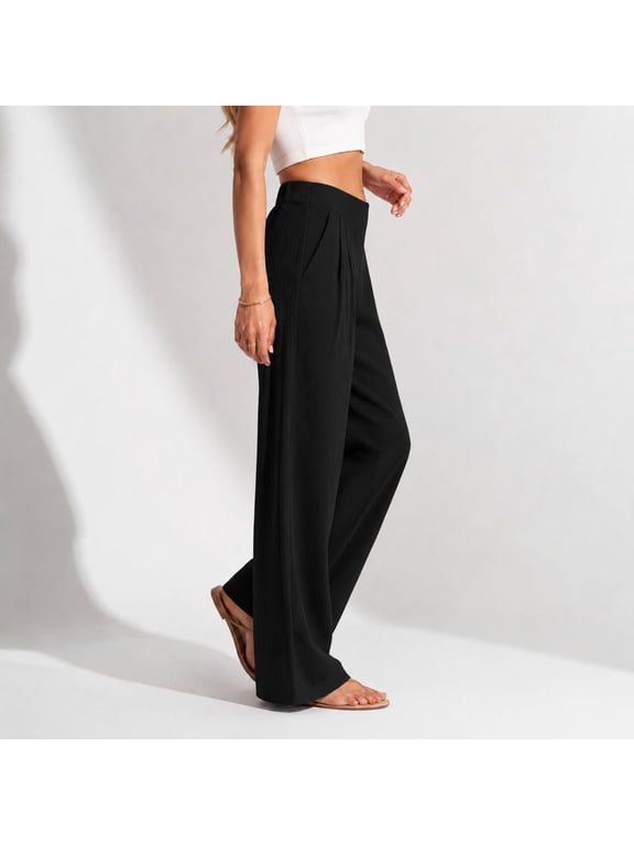 Cotton Linen Blend Wide-Leg Pants for Women, Pull-On Elastic Waist Palazzo Style with Side Pockets, S-XXL