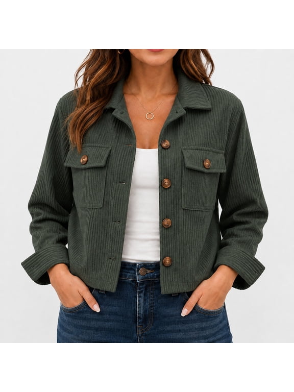 Cropped Corduroy Jacket for Women, Polyester Long-Sleeve Collared Shirt Coat with Button Closure and Convertible Styling