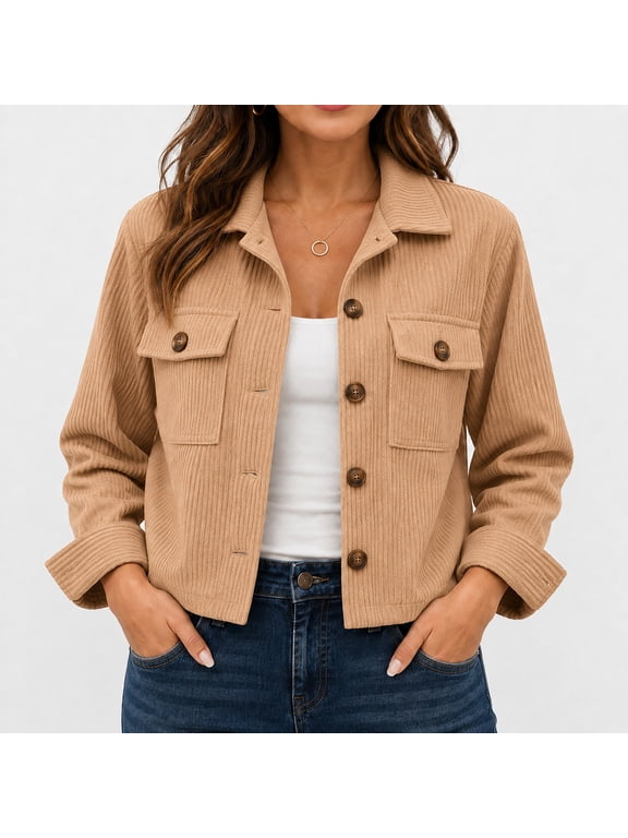 Cropped Corduroy Jacket for Women, Polyester Long-Sleeve Collared Shirt Coat with Button Closure and Convertible Styling