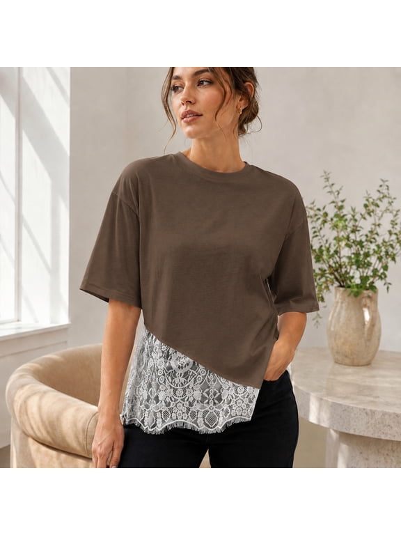 Lace Hem T-Shirt for Women, Moderately Stretchy Cotton Blend Crewneck Top with Drop Shoulders and Relaxed Asymmetrical Cut