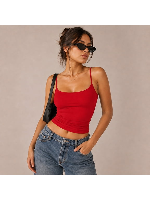 Polyamide Elastane Open-Back Tank, Double-Layer Square-Neck Crop Camisole with Adjustable Straps, US 2-10