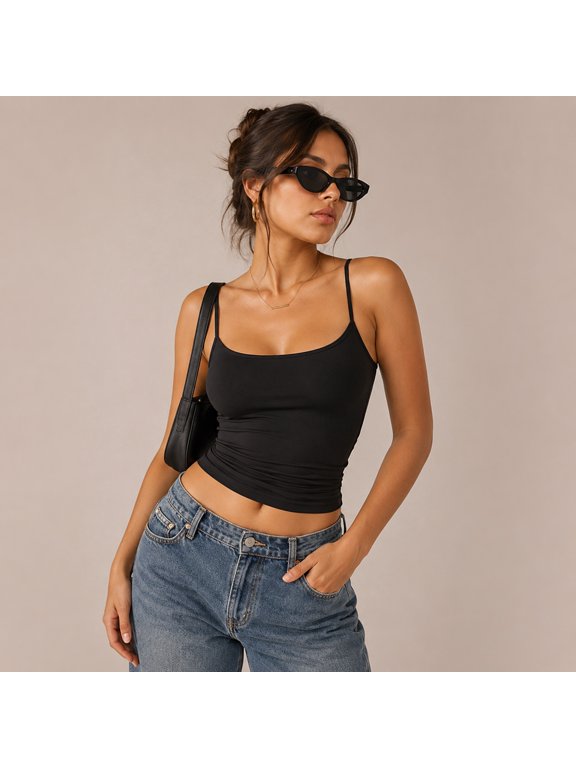 Polyamide Elastane Open-Back Tank, Double-Layer Square-Neck Crop Camisole with Adjustable Straps, US 2-10