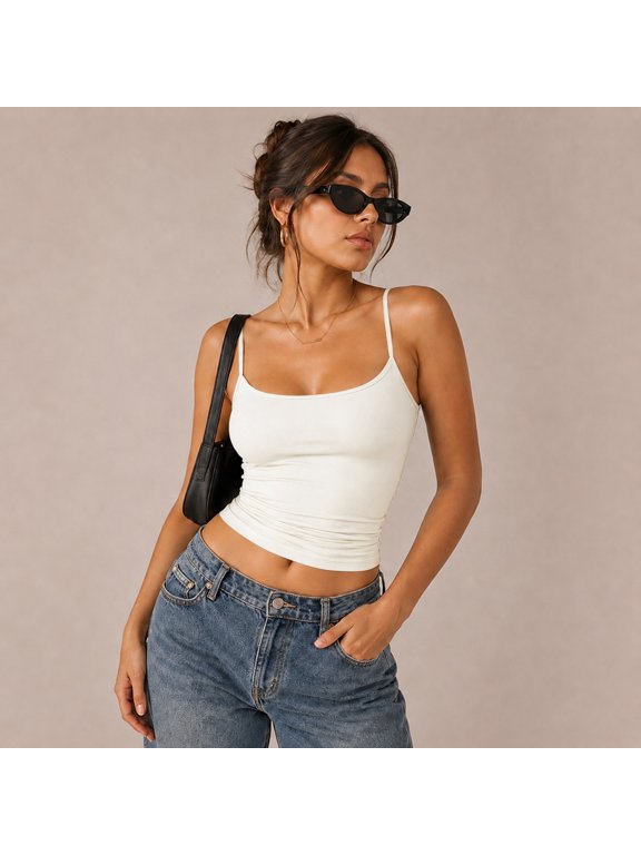 Polyamide Elastane Open-Back Tank, Double-Layer Square-Neck Crop Camisole with Adjustable Straps, US 2-10