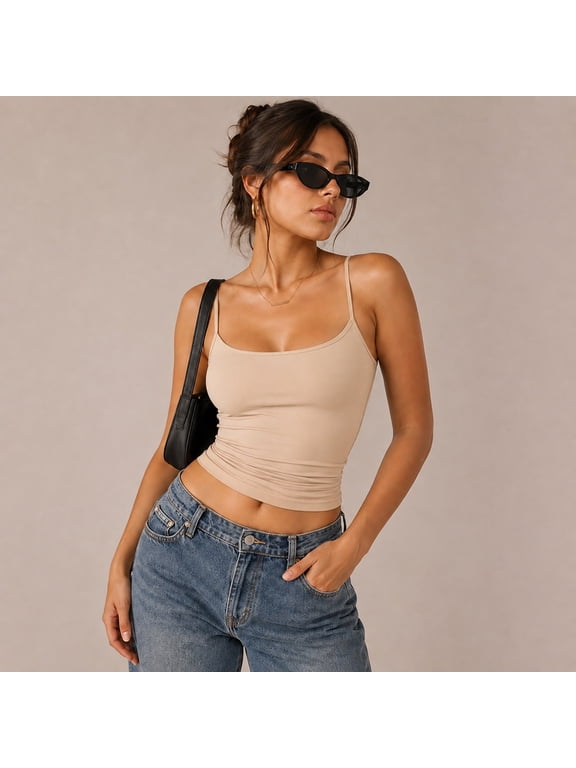 Polyamide Elastane Open-Back Tank, Double-Layer Square-Neck Crop Camisole with Adjustable Straps, US 2-10