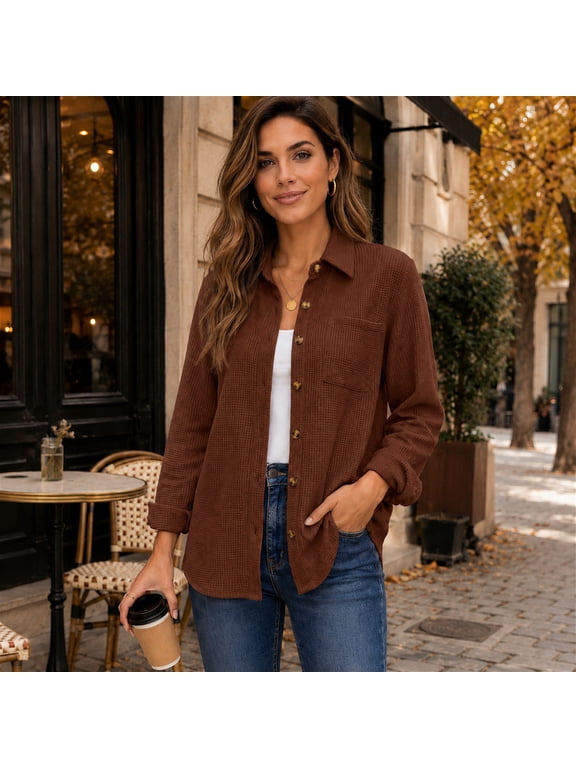 Polyester Waffle-Knit Shacket, Loose Long-Sleeve Button-Down Top with Classic Collar and Single Chest Pocket