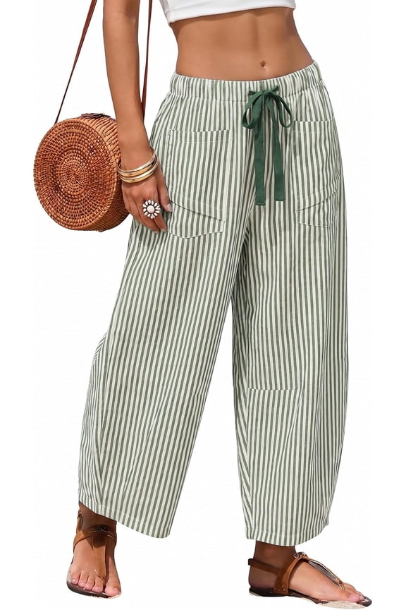 Women Casual Barrel Pants Striped Wide Leg Drawstring Capri Lounge Trousers Summer Beach Loose Fit Pants with Pockets