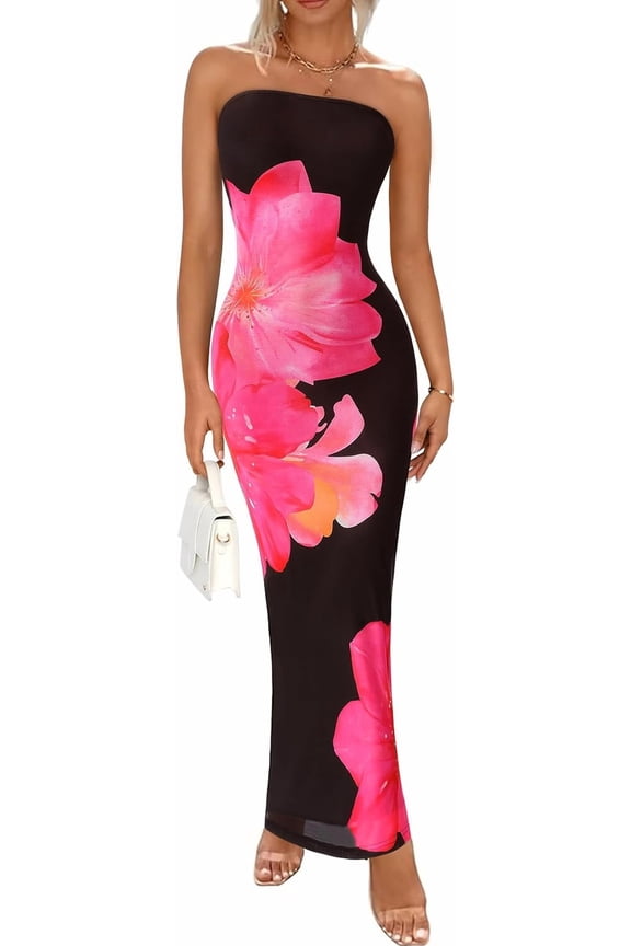 Women Summer Strapless Maxi Dress Bodycon Floral Sexy Long Wedding Guest Dress Formal Tube Mesh Cocktail Dresses