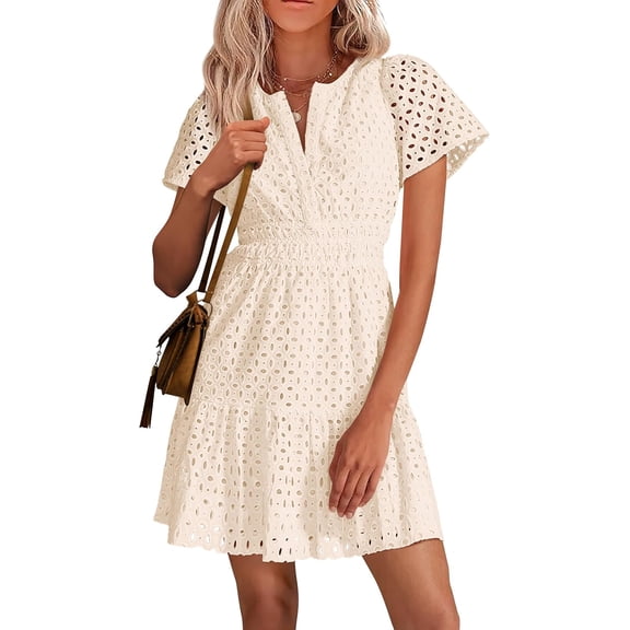 otnbgsr Women's 2026 Summer Lace Dress V Neck Short Sleeve A Line Mini Dress Hollow Out Casual Beach Party Outfit