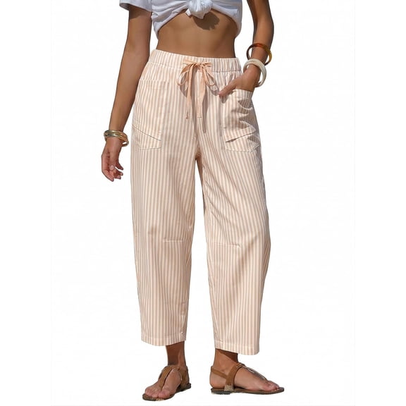 otnbgsr Women's Faux Linen Striped Barrel Pants, Drawstring Capri Lounge Trousers with Pockets, Casual Wide Leg Beach Vacation Bottoms